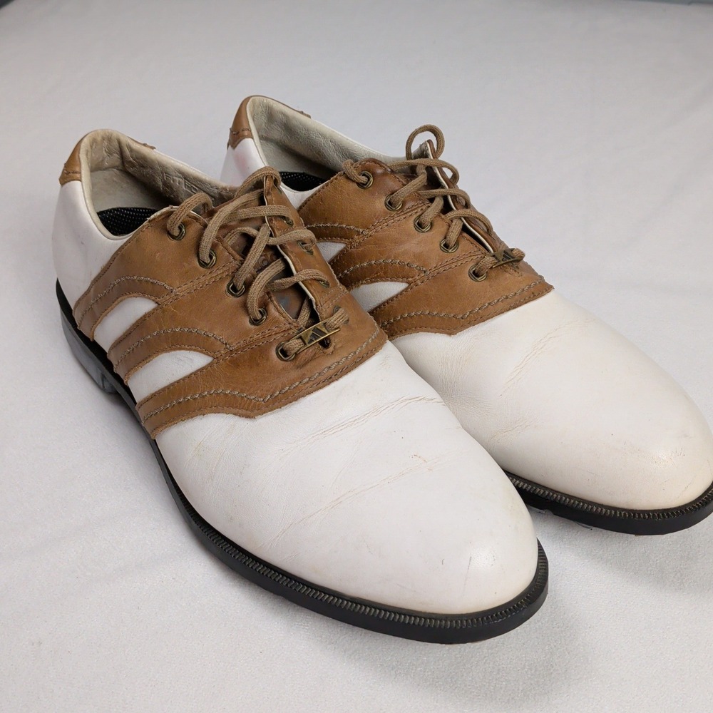 Vintage Adidas Traxion Tour Golf Shoes Mens 13 White Tan Leather Spikes Y2K